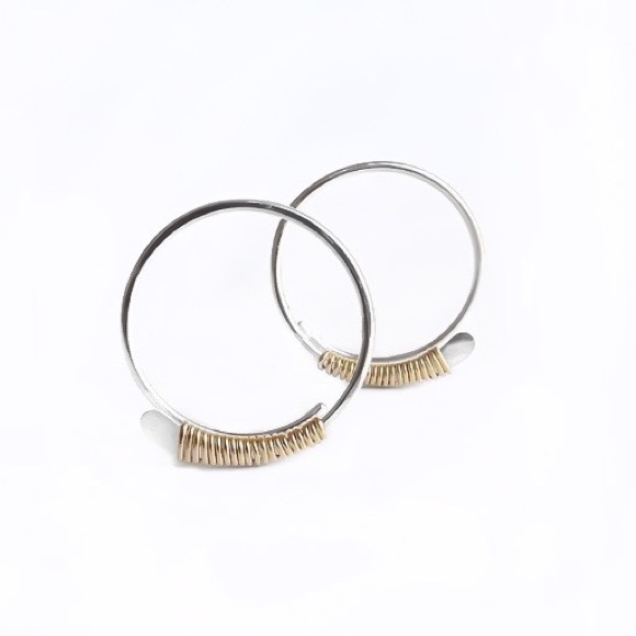 925 Sterling Silver Hammered Open Threader Hoop Earrings Wire Wrapped In Gold - Picture 3 of 11